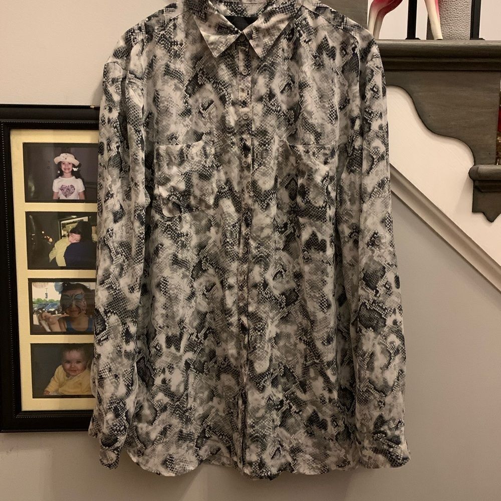 Kardashian Kollection Gray Snake Print Sheer Button Down Blouse sz L